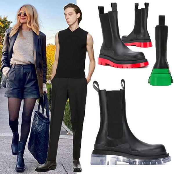 

women bottega black/transparent soles boots hipster luxury man tire leather chelsea booties men platform chunky shoes lady knight high-boots