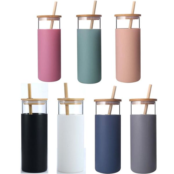 

16oz 20oz glass tumbler sippy cups travel straight tumblers water bottle with straws silicone protective sleeve bamboo lids bpa 7 colors
