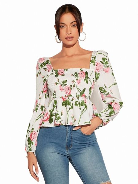 

women's blouses & shirts floral print square neck peplum blouse 10vs#, White