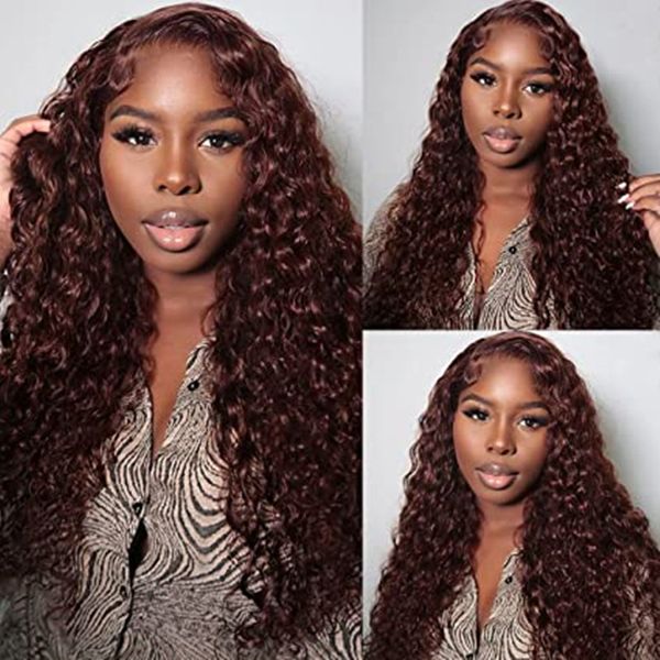 

reddish brown water wave lace front wigs human hair pre plucked with baby hair dark auburn frontal wig for women 150% density 20 inch, Black;brown
