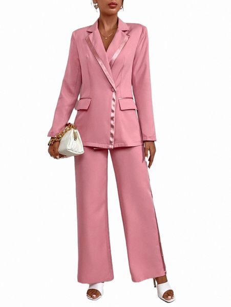 

two piece dress contrast trim single button blazer & tailored pants j0dc#, White