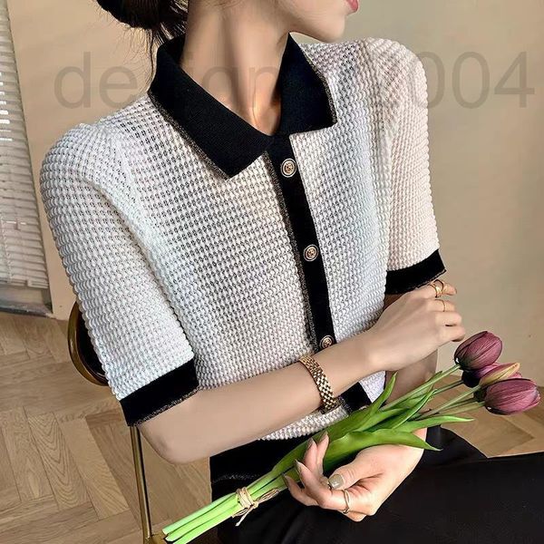 

women's t-shirt designer french small fragrance short sleeve knitted polo shirt women's new 2022summer wear color contrast korean, White