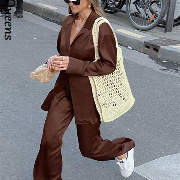 

two womens satin ice silk long sleeve collar suit fashion casual shirt wide leg pants 2 piece set fall street outfits 220906, White