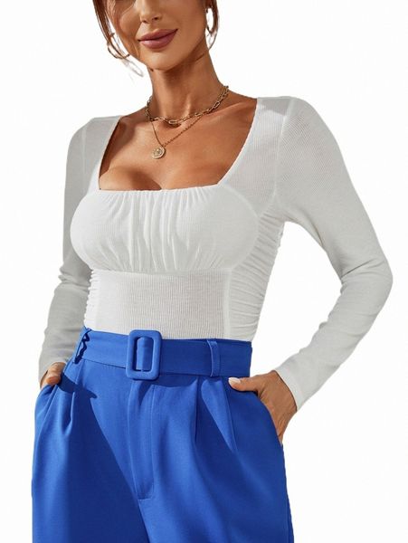 

women's t-shirt square neck ruched bust bodysuit a2oz#, White