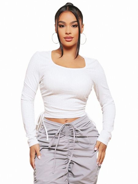 

women's t-shirt sxy scoop neck ruched drawstring knot crop tee z5l6#, White