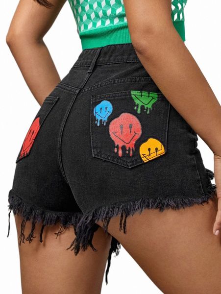 

women's shorts cartoon face print ripped raw cut denim shorts f3wi#, White;black