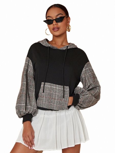 

women's hoodies & sweatshirts plaid kangaroo pocket drop shoulder drawstring hoodie 92um#, Black