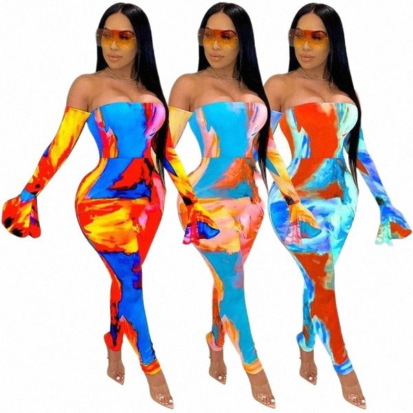

women's tracksuits autumn women tie dye print jumpsuit off shoulder flare long sleeve bodycon club night party romper playsuit outfit w, Gray