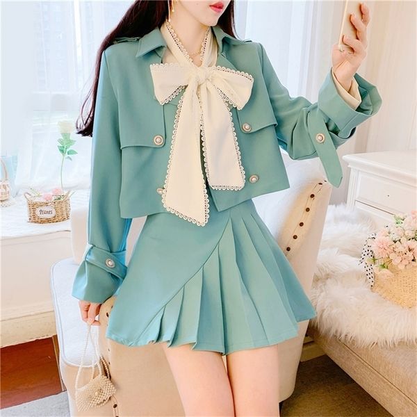 

two piece dress autumn temperament suit women windbreaker jacket coat cpleated mini skirt sets outfits bow tie shirt 220906, White
