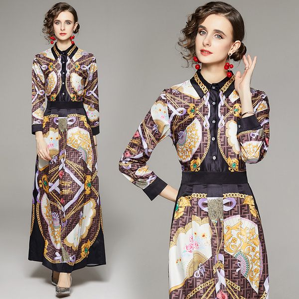 

2022 women retro print long dress lantern sleeve casual button up shirt dresses office lady pleated designer maxi frocks sweet chic spring a, Black;gray