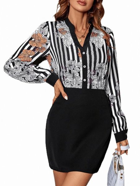 

two piece dress striped & floral print blouse & bodycon skirt j33a#, White