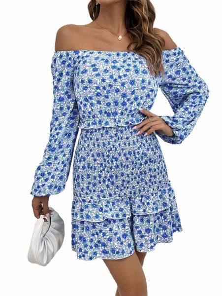 

casual dresses ditsy floral print shirred ruffle hem dress e8to#, Black;gray