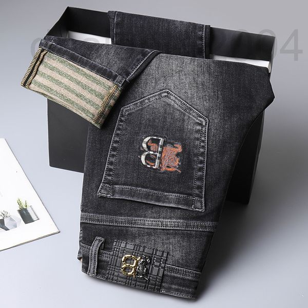 

men's jeans designer autumn and winter new grey slim fit straight tube elastic middle waist casual versatile pants chao br 4tag, Blue