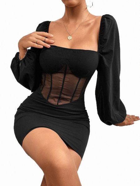 

casual dresses square neck mesh panel bishop sleeve bodycon dress k9sq#, Black;gray