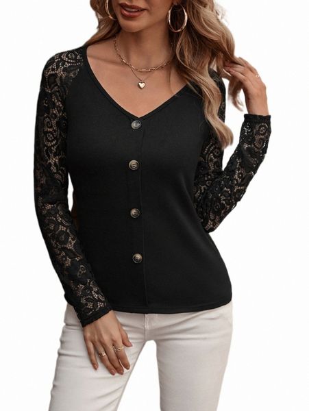 

women's t-shirt contrast lace button front f1xv#, White