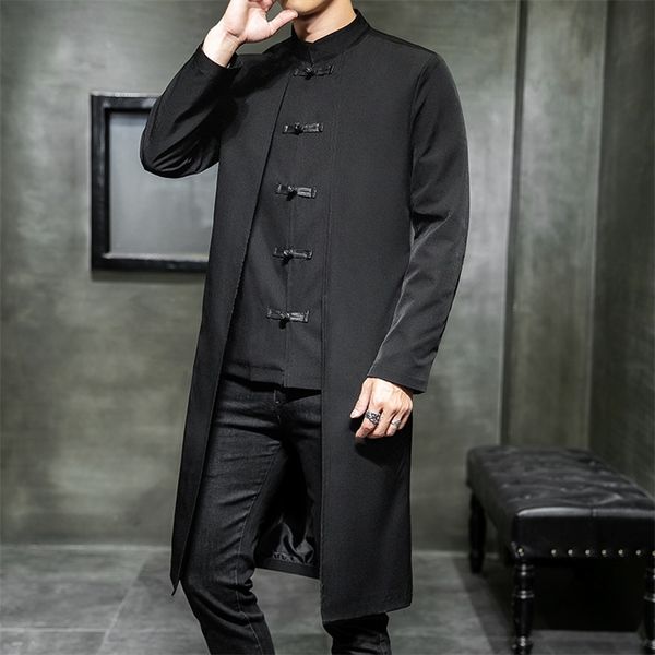 

men's trench coats men loose vintage cotton linen trench coat men fake two pieces cardigan kimono coat male long chinese style black wi, Tan;black