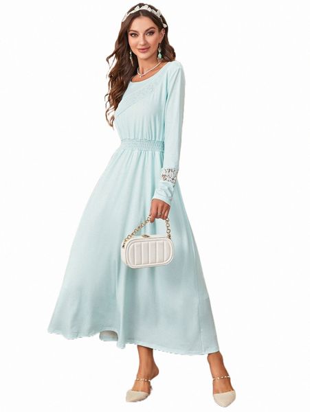 

casual dresses lace insert shirred waist a-line dress 97cd#, Black;gray