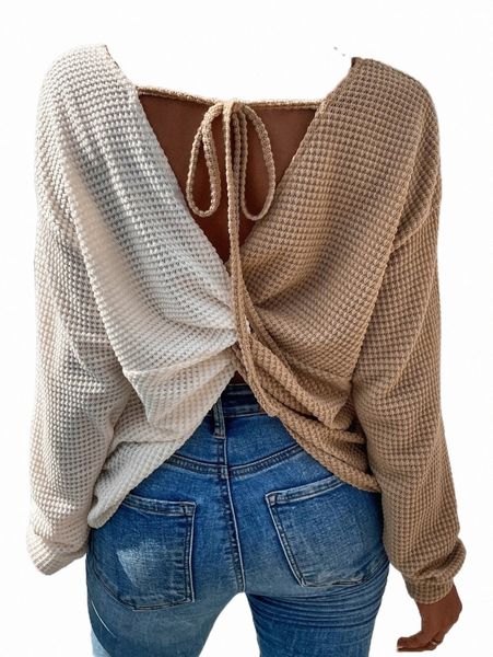 

women's hoodies & sweatshirts two tone drop shoulder twist back sweatshirt 45ht#, Black