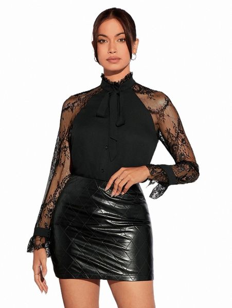 

women's blouses & shirts tie neck contrast lace raglan sleeve blouse t61j#, White