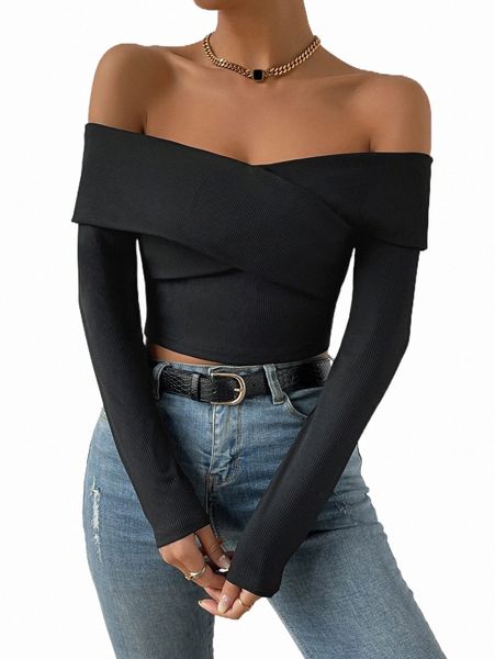 

women's t-shirt off shoulder ribbed knit crop x6zg#, White