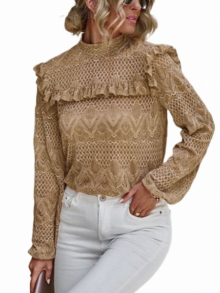 

women's t-shirt solid ruffle trim mock neck lace n5g9#, White