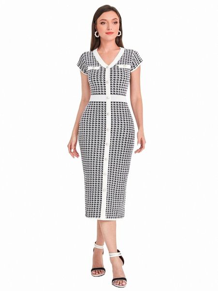 

women's sweaters houndstooth pattern contrast trim sweater dress w4xc#, White;black