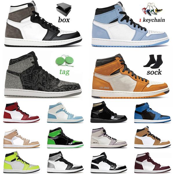 

1 1s with box jumpman basketball shoes high dark mocha university blue rebellionaire patent green chicago men women athletic sneakers size 1, White;red