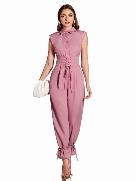 

women's jumpsuits & rompers grommet lace up front plicated detail knot hem jumpsuit w9ch#, Black;white