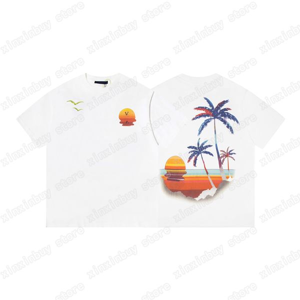 

xinxinbuy men designer tees setting sun beach printing webbing o-neck short sleeve women green black gray s-xl, Black;brown