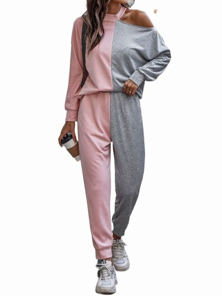 

two piece dress two tone asymmetrical neck sweatshirt & sweatpants h6us#, White