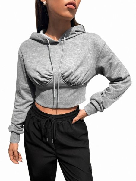 

women's hoodies & sweatshirts ruched bust drawstring crop hoodie 80ov#, Black