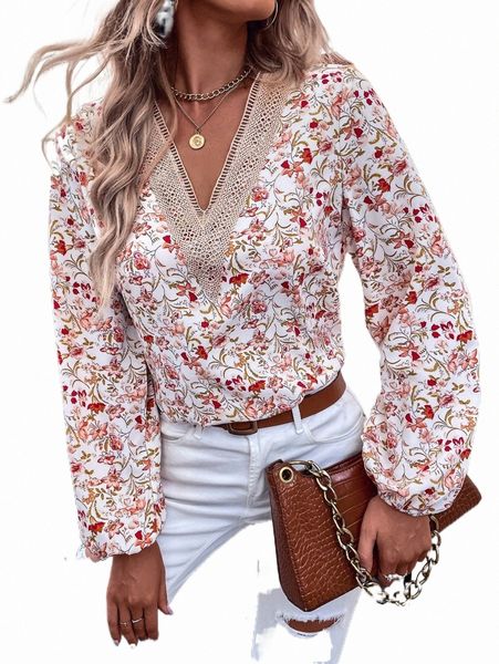 

women's blouses & shirts allover floral print guipure lace insert lantern sleeve blouse p7wn#, White