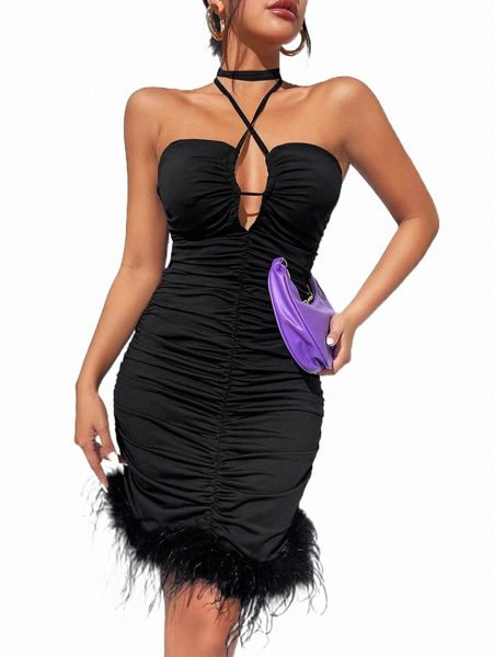 

casual dresses drawstring ruched fuzzy trim halter bodycon dress s1eq#, Black;gray