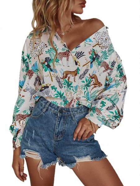 

women's blouses & shirts animal & tropical print drop shoulder shirt t4n1#, White
