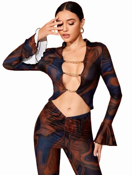 

women's t-shirt x yelly gray marble print chain detail flounce sleeve mesh d9qw#, White