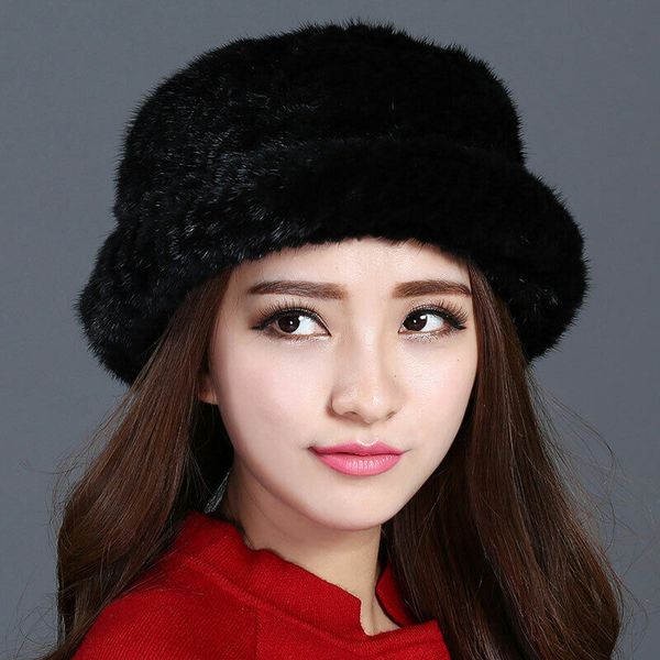 

genuine mink bucket hat snow cap ladies elegant fashion winter warmth, Blue;gray