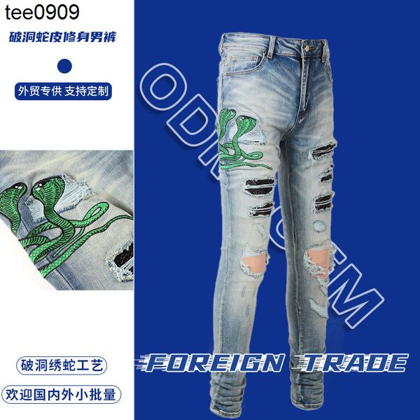 

color matching jeans embroidery holes snake skin slim fit legged men's pants, Blue