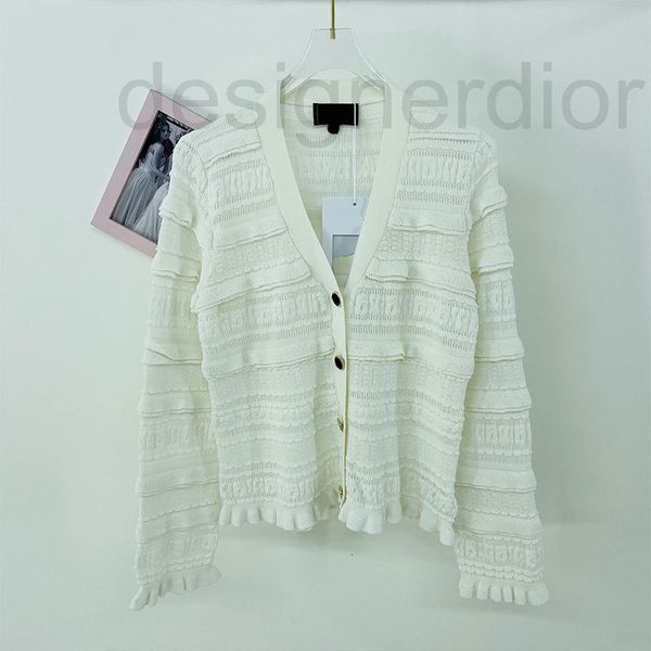 

women's knits & tees designer autumn new flounce knitwear hollow dark jacquard v-neck single row button long sleeve casual simple cardi, White