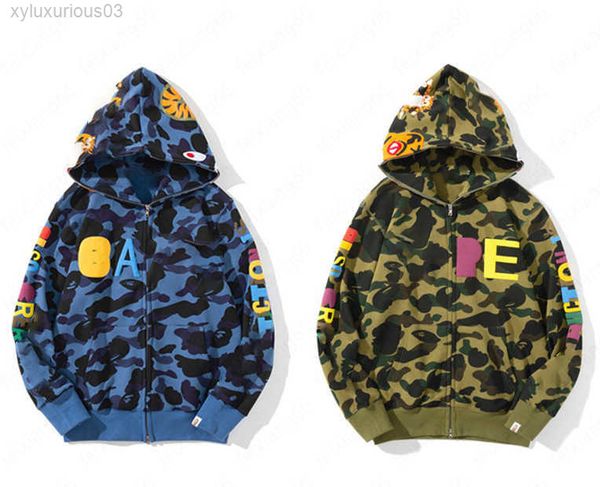 

hoodie mens japanese tide brand ape-man head shark joint tiger foam letter camouflage sweater zipper jacket, Black