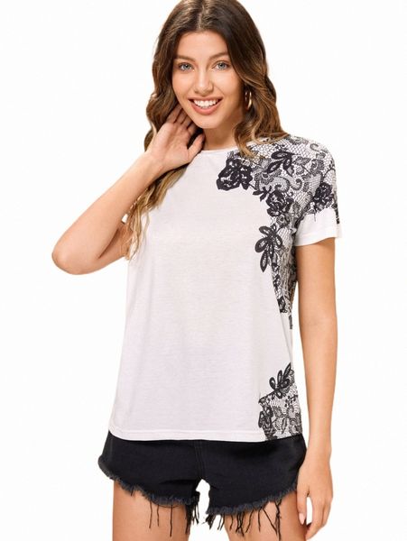 

women's t-shirt x mina floral print round neck tee n3bu#, White