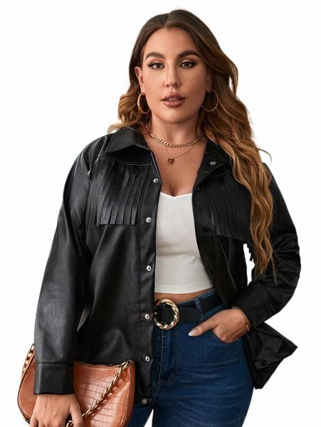 

plus size outerwear & coats plus fringe trim pu leather coat j7r8#, Black
