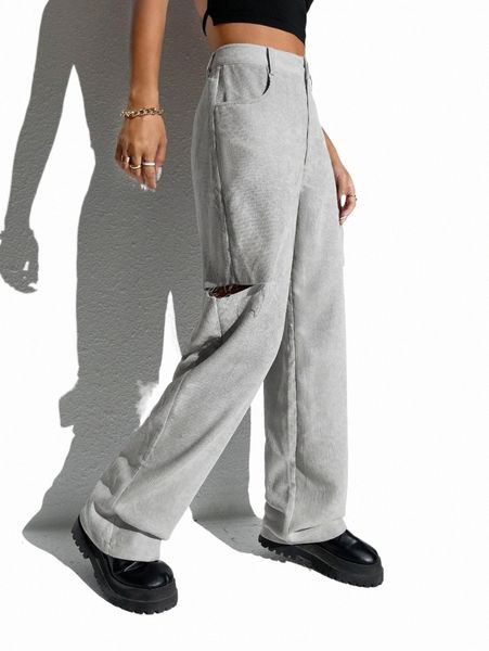 

women's pants & capris ripped high waist wide leg pants n1b3#, Black;white
