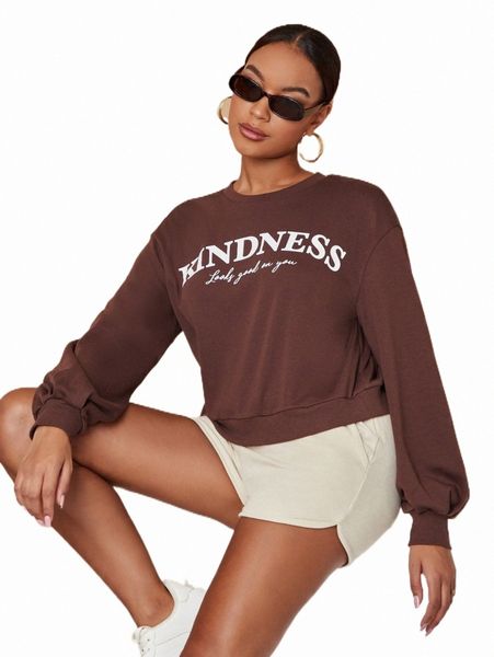 

women's hoodies & sweatshirts slogan graphic drop shoulder pullover s37o#, Black