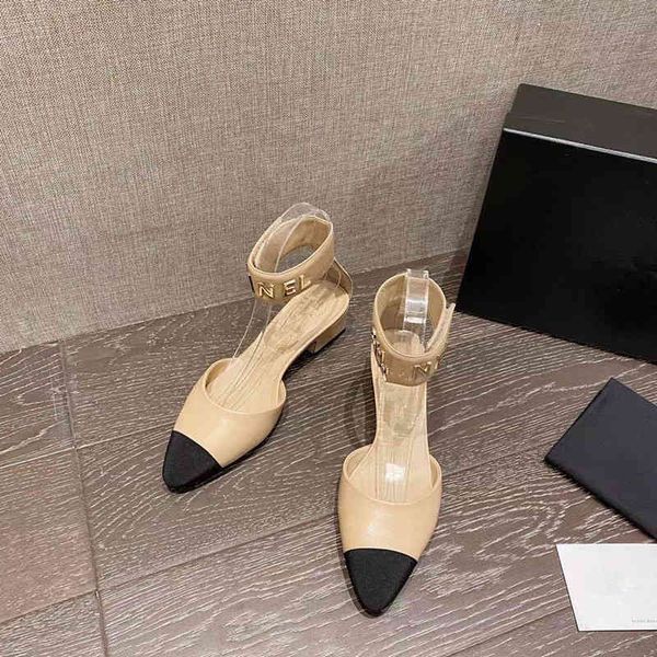 

shoes xiaoxiang dress sandals summer pointed shallow mouth splicing fairy style mid heel baotou versatile thick heel shoes, Black