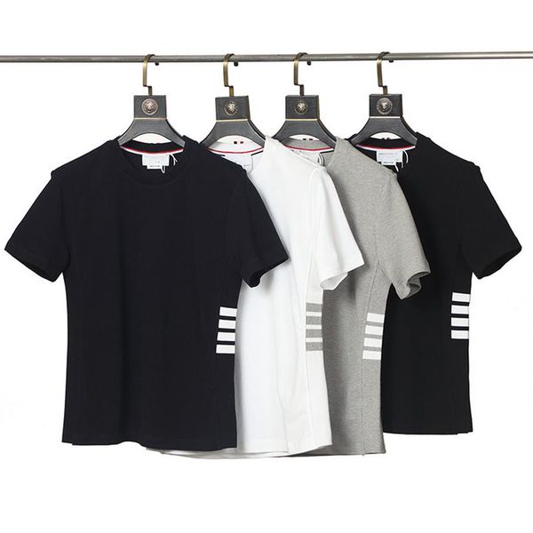 

2021 summer men's and women's fashion short-sleeved t-shirt four bars pure cotton round neck pullover casual bottoming s251f, White;black