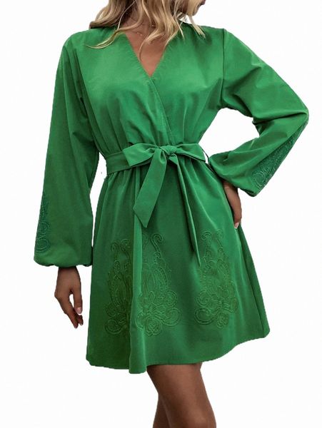 

casual dresses surplice neck lantern sleeve belted dress 76yb#, Black;gray