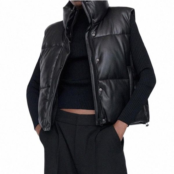 

women's down & parkas women's down & parkas sleeveless parka coat winter jacket stand collar adjustable hem pu leather vest women, Black