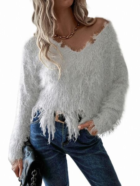 

women's sweaters drop shoulder distressed fuzzy sweater l2xk#, White;black