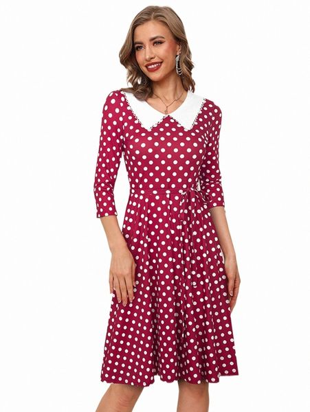 

casual dresses polka dot contrast collar a-line dress 99f2#, Black;gray