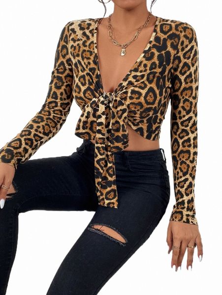 

women's t-shirt leopard print tie front crop w44o#, White